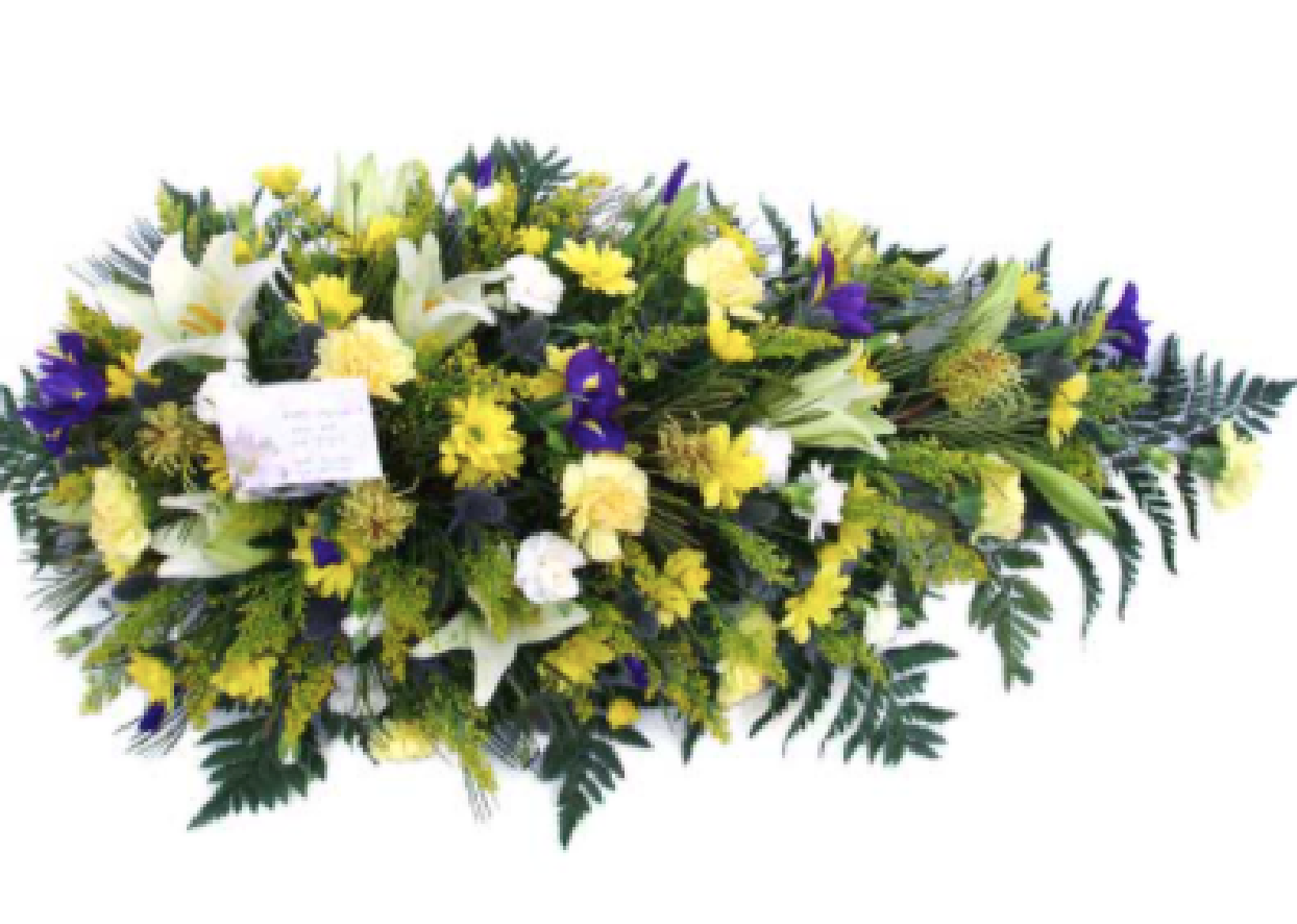 Funeral Flowers -  Yellow and Blue Teardrop Spray